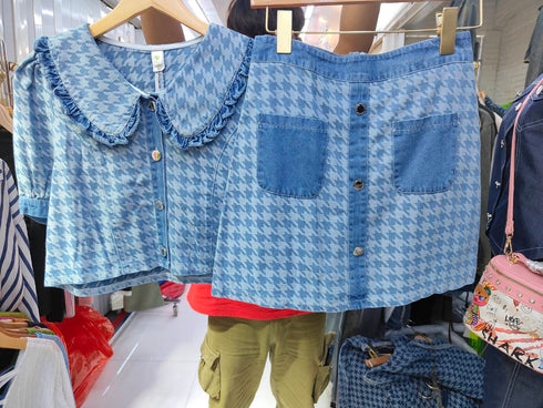 Chic Elegant Houndstooth Denim Two Piece Suits